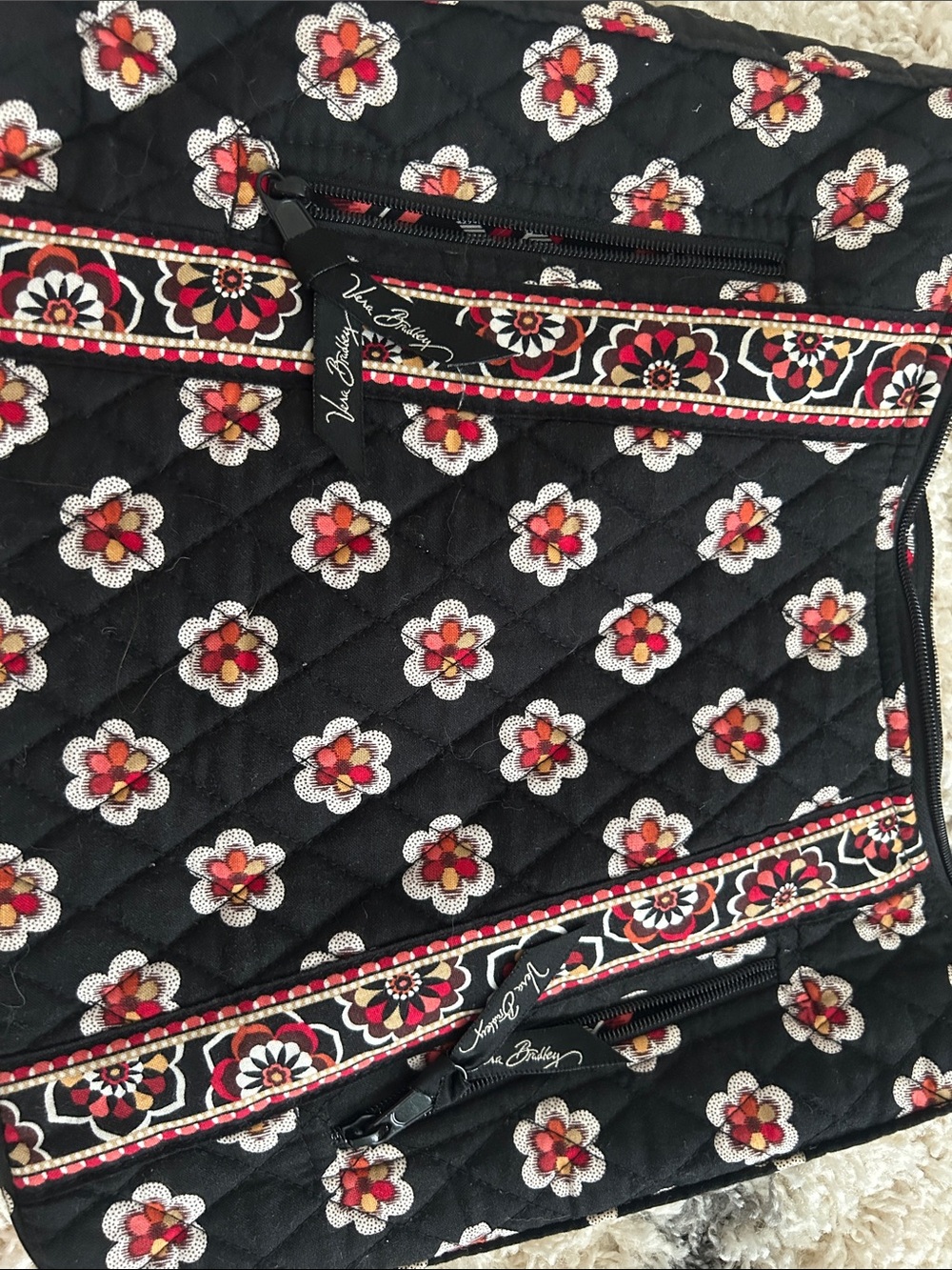 Vera Bradley Black Quilted Tote with Red, White & Tan Floral Pattern